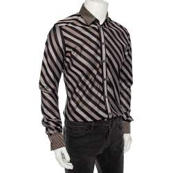 مملوكة مسبقًا Dolce & Gabbana Brown Diagonal Striped Cotton Contrast Silk Collared Shirt L