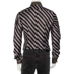مملوكة مسبقًا Dolce & Gabbana Brown Diagonal Striped Cotton Contrast Silk Collared Shirt L