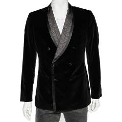 Pre Owned Dolce & Gabbana Black Velvet & Brocade Lapel Double Breasted Blazer M