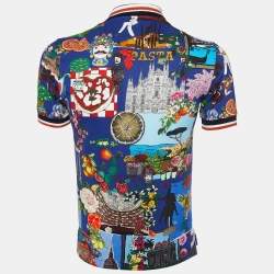 Pre Owned Dolce & Gabbana Navy Blue Italy Print Cotton & Silk Polo T-Shirt XS
