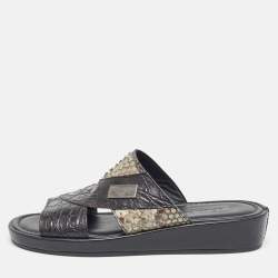 Dolce & Gabbana Black/Green Crocodile and Python Leather Criss Cross Flat Slides  Size 40