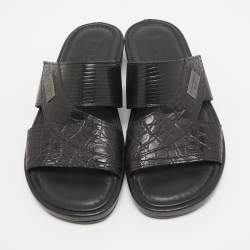 Dolce & Gabbana Black Crocodile and Lizard Leather Crisscross Flat Slide Size 41