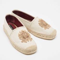 Pre Owned Dolce & Gabbana Beige Canvas Embroidered Slip On Espadrilles Size 40