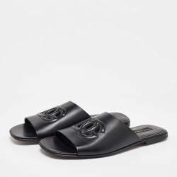 Pre Owned Dolce & Gabbana Black Leather Embossed Logo Slide Flat Sandals Size 45