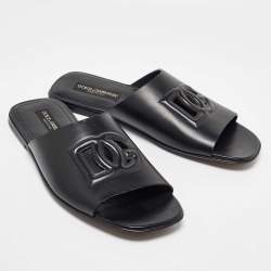 Pre Owned Dolce & Gabbana Black Leather Embossed Logo Slide Flat Sandals Size 45