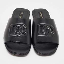 Pre Owned Dolce & Gabbana Black Leather Embossed Logo Slide Flat Sandals Size 45