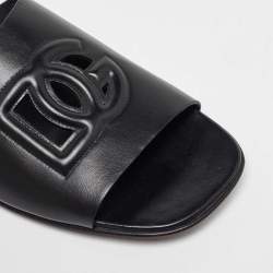 Pre Owned Dolce & Gabbana Black Leather Embossed Logo Slide Flat Sandals Size 45