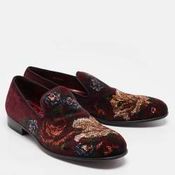 Pre Owned Dolce & Gabbana Burgundy Floral Velvet Smoking Slippers Size 41.5