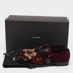Pre Owned Dolce & Gabbana Burgundy Floral Velvet Smoking Slippers Size 41.5