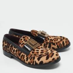 Dolce & Gabbana Beige/Black Leopard Print Calfhair and Leather Bernini Loafers Size 44