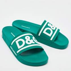 Dolce & Gabbana Dark Green Rubber Logo Flat Slides Size 41