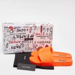 Dolce & Gabbana Neon Orange Rubber Logo Flat Slides Size 42