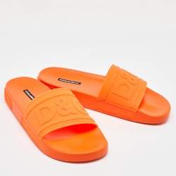 Dolce & Gabbana Neon Orange Rubber Logo Flat Slides Size 42