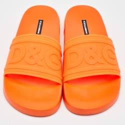 Dolce & Gabbana Neon Orange Rubber Logo Flat Slides Size 42