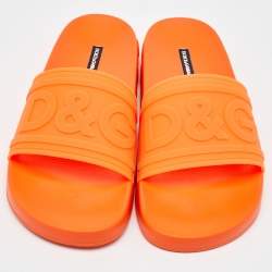 Dolce & Gabbana Neon Orange Rubber Logo Flat Slides Size 41