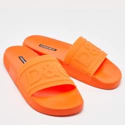 Dolce & Gabbana Neon Orange Rubber Logo Flat Slides Size 41