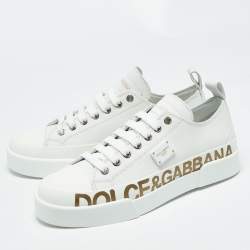 Pre Owned Dolce & Gabbana White/Gold Leather Portofino Low Top Sneakers Size 38