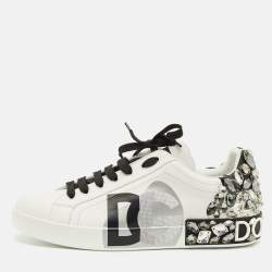 Pre Owned Dolce & Gabbana Portofino Size 44 White/Black Leather Crystal Embellished Lace Up Sneakers