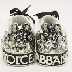 Pre Owned حذاء رياضي دولتشي اند غابانا بورتوفينو جلد ابيض / اسود مزين بالكريستال ومزود برباط مقاس 44