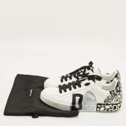 Pre Owned حذاء رياضي دولتشي اند غابانا بورتوفينو جلد ابيض / اسود مزين بالكريستال ومزود برباط مقاس 44