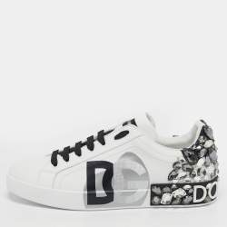 مملوكة مسبقًا Dolce & Gabbana Portofino Size 43 White/Black Leather Crystal Embellished Lace Up Sneakers