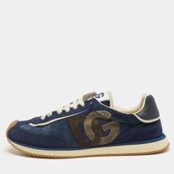 Pre Owned Dolce & Gabbana Size 46 Navy Blue Suede and Velvet DG Cushion Lace Up Sneakers