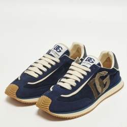 Pre Owned Dolce & Gabbana Size 46 Navy Blue Suede and Velvet DG Cushion Lace Up Sneakers