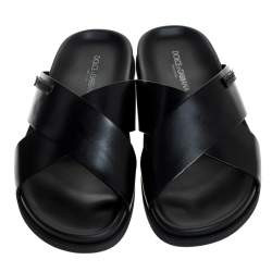 Pre Owned Dolce & Gabbana Black Leather Cross Strap Sandals Size 41