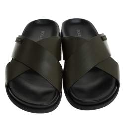 مملوكة مسبقًا Dolce & Gabbana Olive Green Leather Cross Strap Sandals Size 41