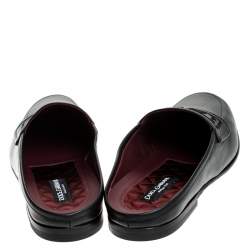 Pre Owned Dolce and Gabban Black Leather Embroidered Logo Slip On Mules Size 41