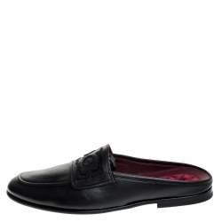 Pre Owned Dolce and Gabban Black Leather Embroidered Logo Slip On Mules Size 41