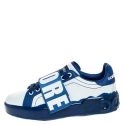 Pre Owned Dolce & Gabbana Blue/White Elastic Logo Leather Melt Portofino Sneakers Size 38.5