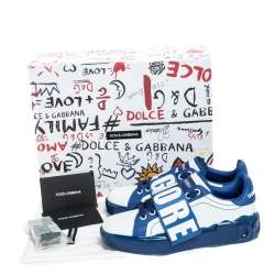 Pre Owned Dolce & Gabbana Blue/White Elastic Logo Leather Melt Portofino Sneakers Size 38.5