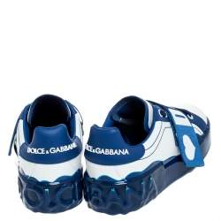 Dolce & Gabbana Blue/White Elastic Logo Leather Melt Portofino Sneakers Size 40