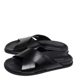 Pre Owned Dolce & Gabbana Black Leather Criss Cross Strap Flat Slides Size 40