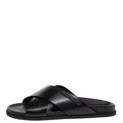 Pre Owned Dolce & Gabbana Black Leather Criss Cross Strap Flat Slides Size 40