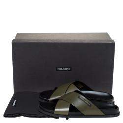 Pre Owned Dolce & Gabbana Green Leather Criss-Cross Slide Sandals Size 42