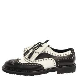 Pre Owned Dolce & Gabbana Black/White Studded Leather Brogue Detail Fringe Oxfords Size 42.5