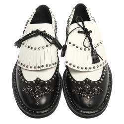 Pre Owned Dolce & Gabbana Black/White Studded Leather Brogue Detail Fringe Oxfords Size 42.5