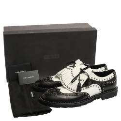 Pre Owned Dolce & Gabbana Black/White Studded Leather Brogue Detail Fringe Oxfords Size 42.5