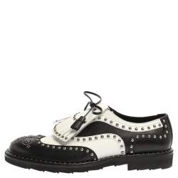 Dolce & Gabbana Black/White Studded Leather Brogue Detail Fringe Oxfords Size 43