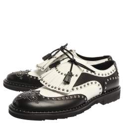 Dolce & Gabbana Black/White Studded Leather Brogue Detail Fringe Oxfords Size 43