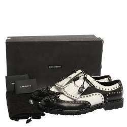 Dolce & Gabbana Black/White Studded Leather Brogue Detail Fringe Oxfords Size 43