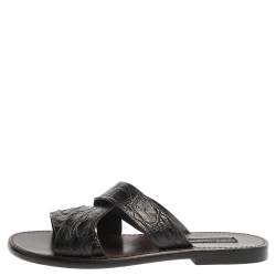 Pre Owned Dolce & Gabbana Black Croc Leather Criss Cross Flat Slide Sandals Size 42