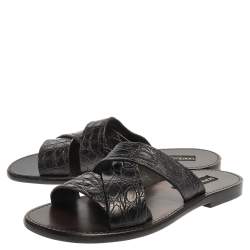 Pre Owned Dolce & Gabbana Black Croc Leather Criss Cross Flat Slide Sandals Size 42