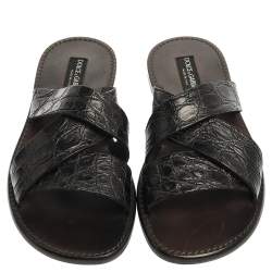 Pre Owned Dolce & Gabbana Black Croc Leather Criss Cross Flat Slide Sandals Size 42