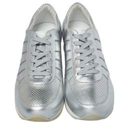 مملوكة مسبقًا Dolce & Gabbana Metallic Silver Perforated Leather Lace Up Sneakers Size 44