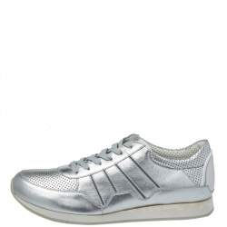 مملوكة مسبقًا Dolce & Gabbana Metallic Silver Perforated Leather Lace Up Sneakers Size 44