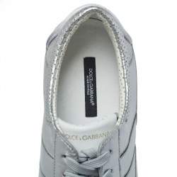 مملوكة مسبقًا Dolce & Gabbana Metallic Silver Perforated Leather Lace Up Sneakers Size 44
