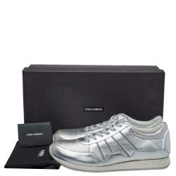 مملوكة مسبقًا Dolce & Gabbana Metallic Silver Perforated Leather Lace Up Sneakers Size 44